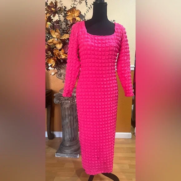 ANTONIO MELANI Bubble Smocked Knit Square Neck Long Sleeve Midi Bodycon Dress - Picture 5 of 9